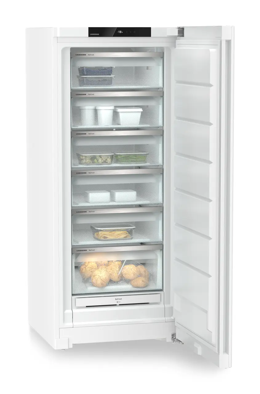 Produkt-Bild, Perspektive: schräg offen dekoriert, Standgefrierschrank mit NoFrost, Gehäusefarbe: Weiß, Türfarbe: Weiß