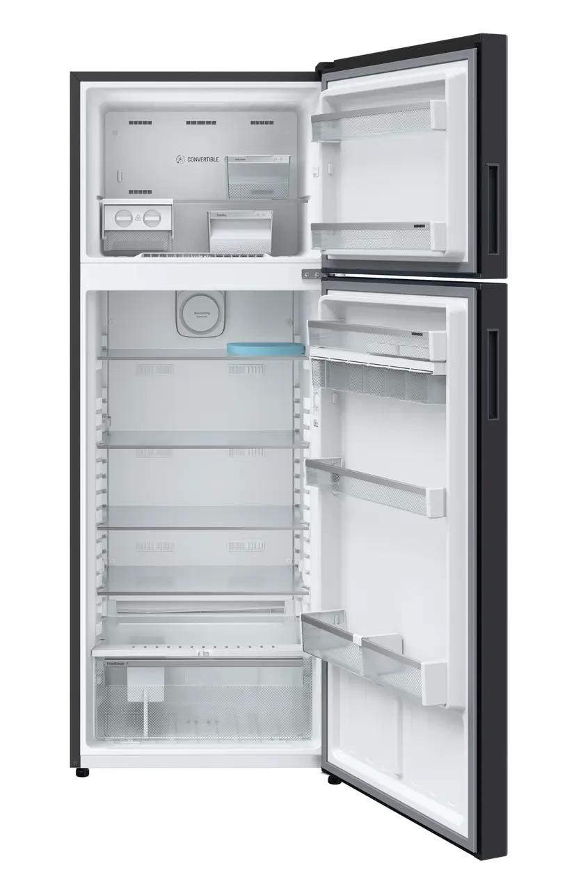 Product image, Perspective: straight open empty, Fridge-freezer with NoFrost, Casing colour: grey, Door colour: Black Gloss