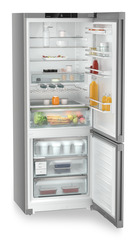 Product image, Perspective: oblique open decorated, Combined fridge-freezers with EasyFresh and NoFrost, Casing colour: silver, Door colour: Steelfinish