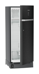 Product image, Perspective: oblique half-open empty, Single-door refrigerator 222 l with foot pedal base drawer and iCoolTouch UI, Casing colour: grey, Door colour: BlackSteel