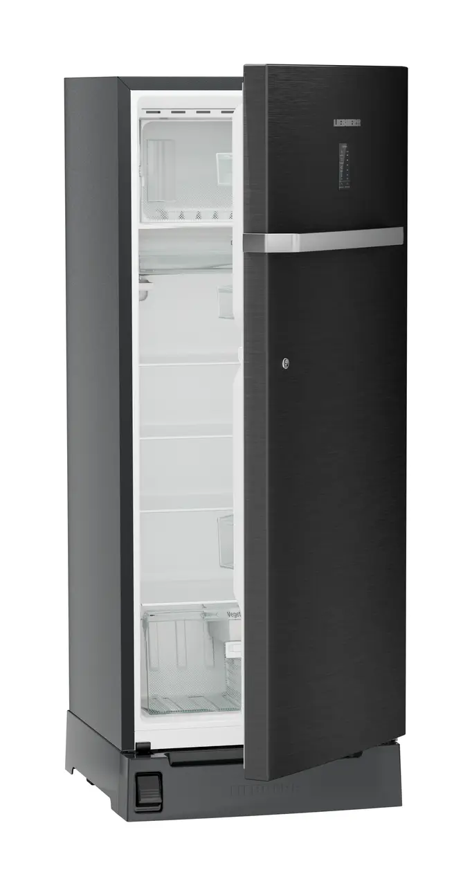 Product image, Perspective: oblique half-open empty, Single-door refrigerator 222 l with foot pedal base drawer and iCoolTouch UI, Casing colour: grey, Door colour: BlackSteel