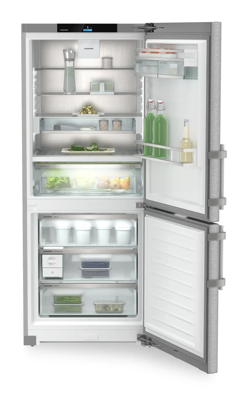Product image, Perspective: straight open decorated, Fridge-freezer with BioFresh and NoFrost, Casing colour: silver, Door colour: stainless steel