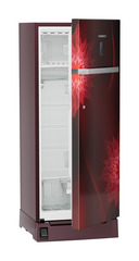 Product image, Perspective: oblique half-open empty, Single-door refrigerator 222 l with foot pedal base drawer and iCoolTouch UI, Casing colour: red, Door colour: Red Mystiq