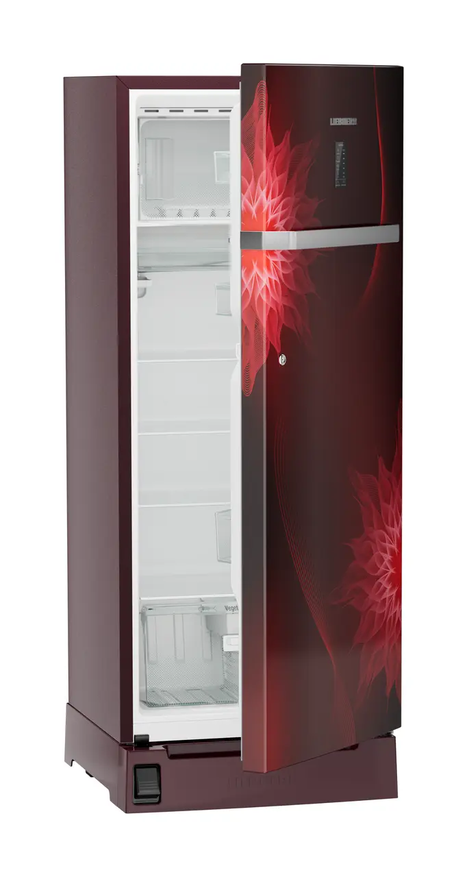 Product image, Perspective: oblique half-open empty, Single-door refrigerator 222 l with foot pedal base drawer and iCoolTouch UI, Casing colour: red, Door colour: Red Mystiq
