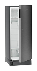 Product image, Perspective: oblique half-open empty, Single-door refrigerator 222 l in 3 star with foot pedal base drawer, Casing colour: grey, Door colour: Silver Steel
