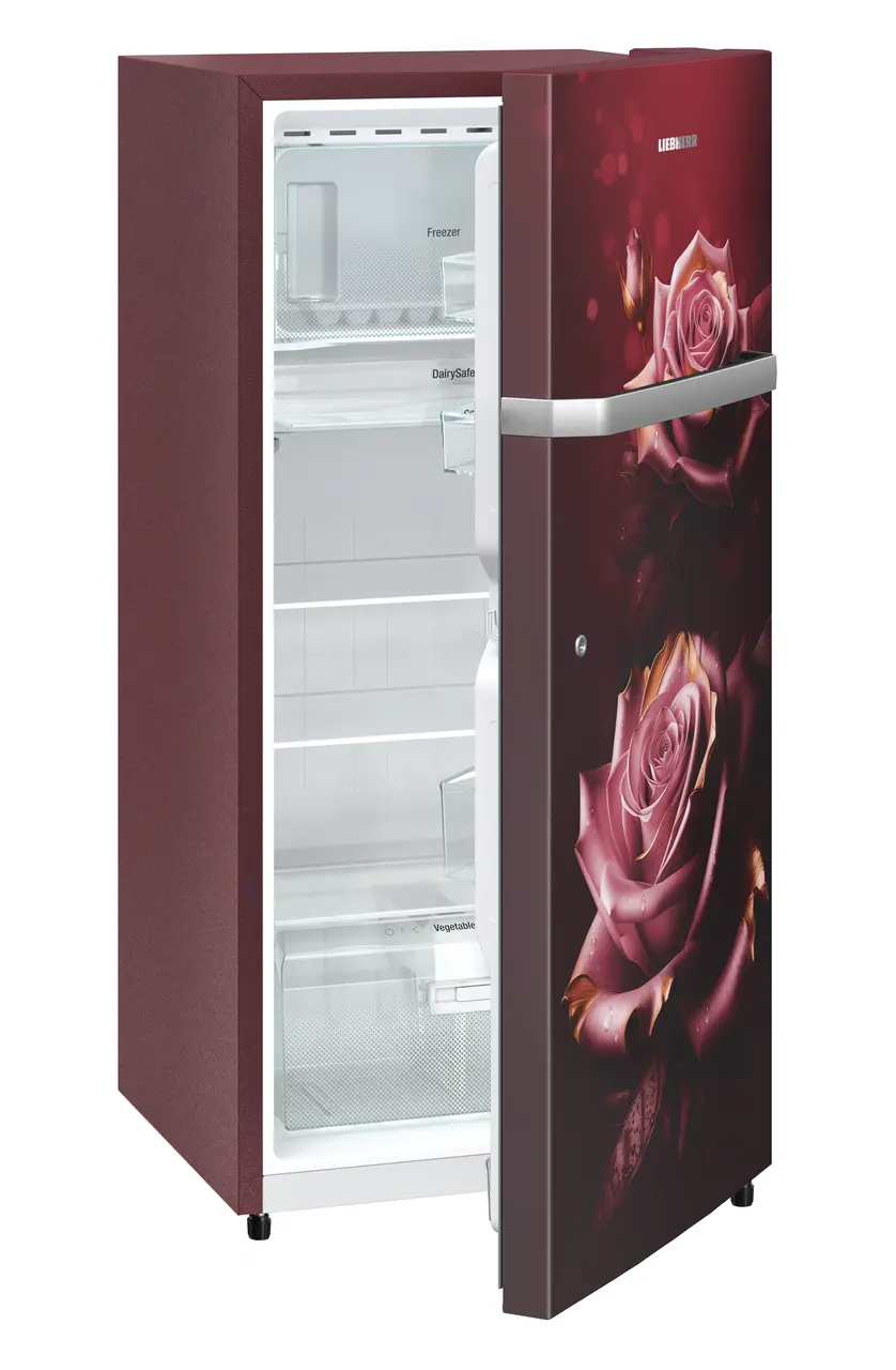 Product image, Perspective: oblique half-open empty, Single-door refrigerator 191 l in 3 star and horizontal handle, Casing colour: red, Door colour: Red Rosette