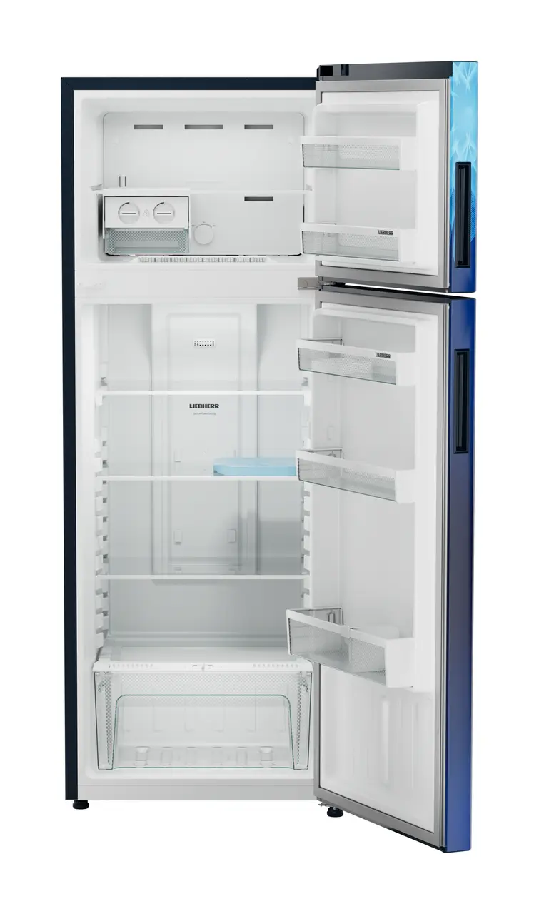 Product image, Perspective: straight open empty, Fridge-freezer with NoFrost, Casing colour: blue, Door colour: Blue Mystiq