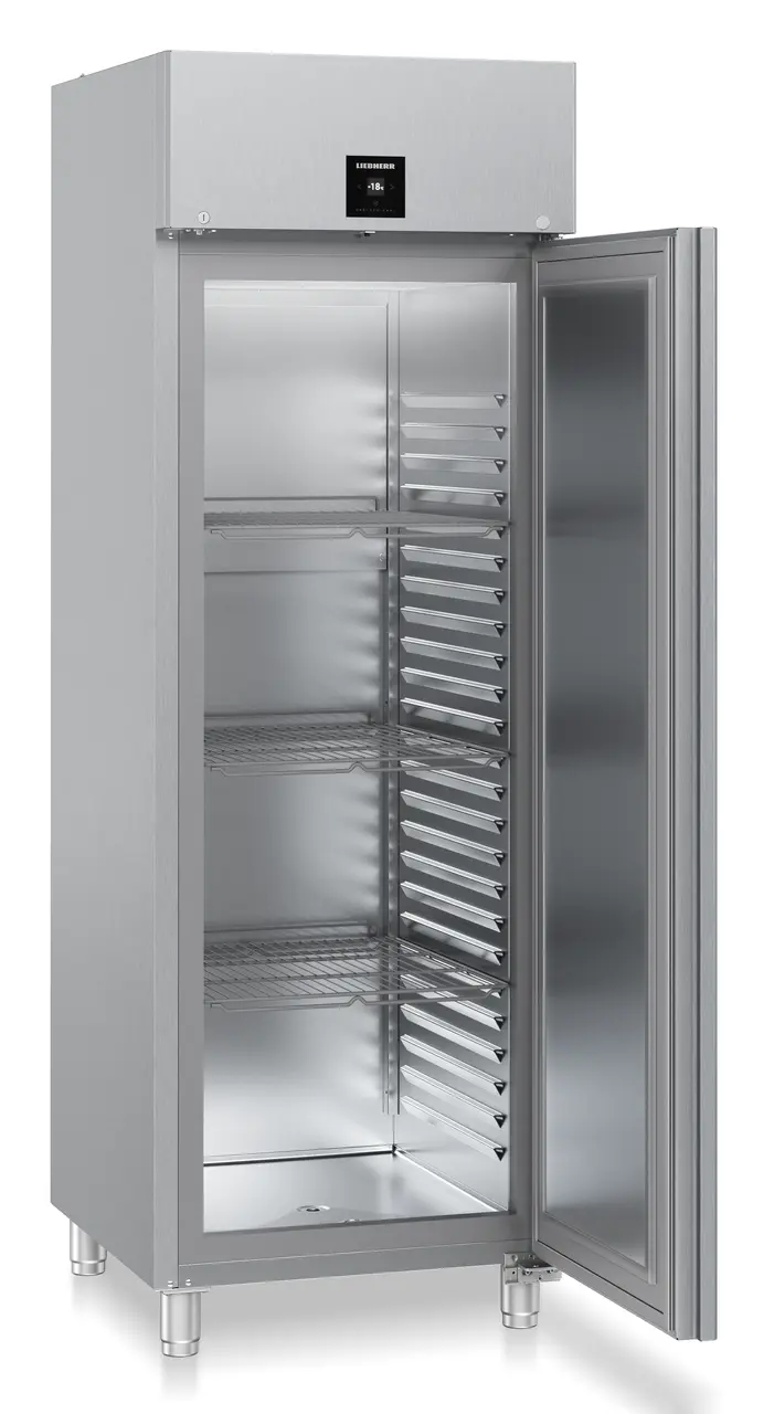 Product image, Perspective: oblique open empty, Forced-air freezer GN 2/1, Casing colour: stainless steel, Door colour: stainless steel
