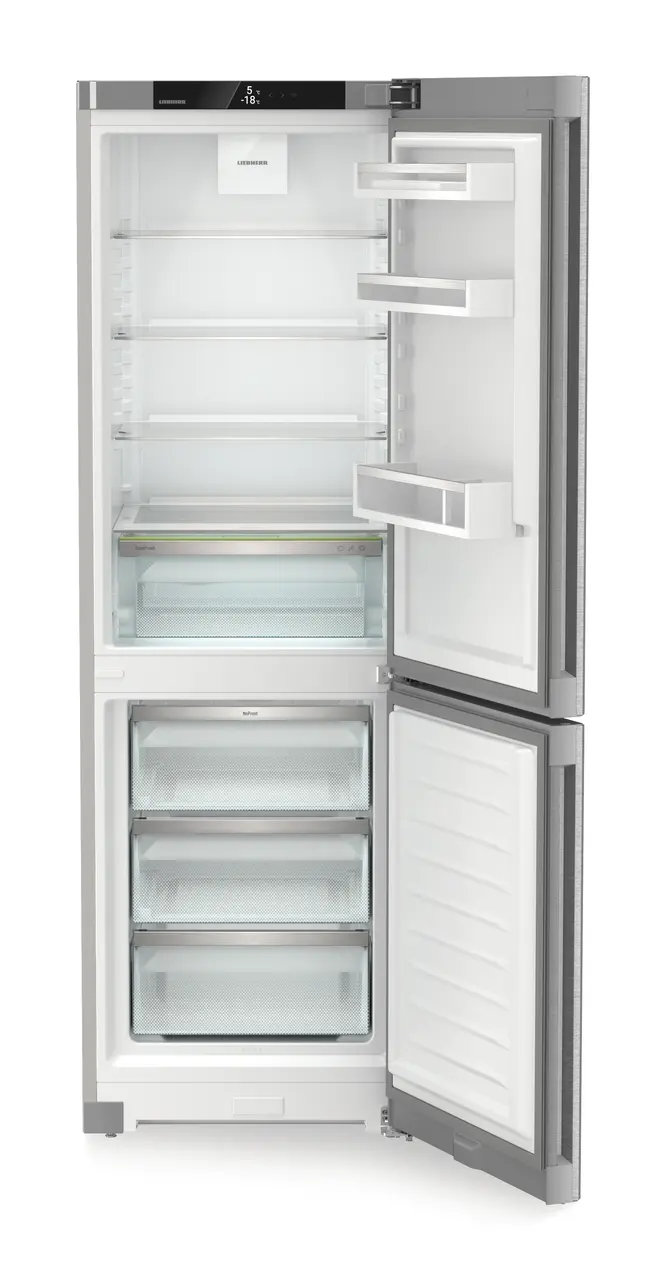 Product image, Perspective: straight open empty, Combined fridge-freezer with EasyFresh and NoFrost, Casing colour: silver, Door colour: stainless steel