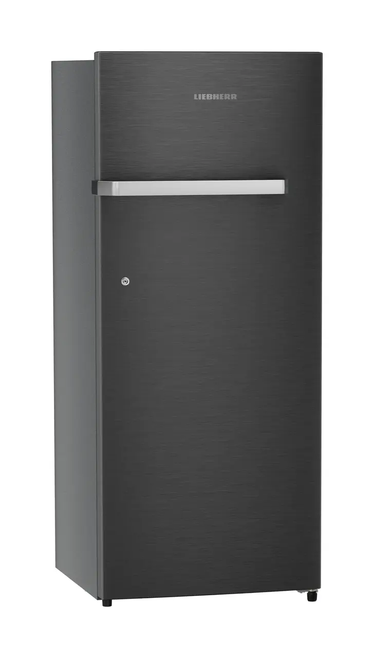 Product image, Perspective: oblique closed, Single-door refrigerator 222 l in 3 star and horizontal handle, Casing colour: grey, Door colour: BlackSteel