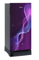 Product image, Perspective: oblique closed, Single-door refrigerator 191 l in 3 star with foot pedal base drawer, Casing colour: grey, Door colour: Purple Strings