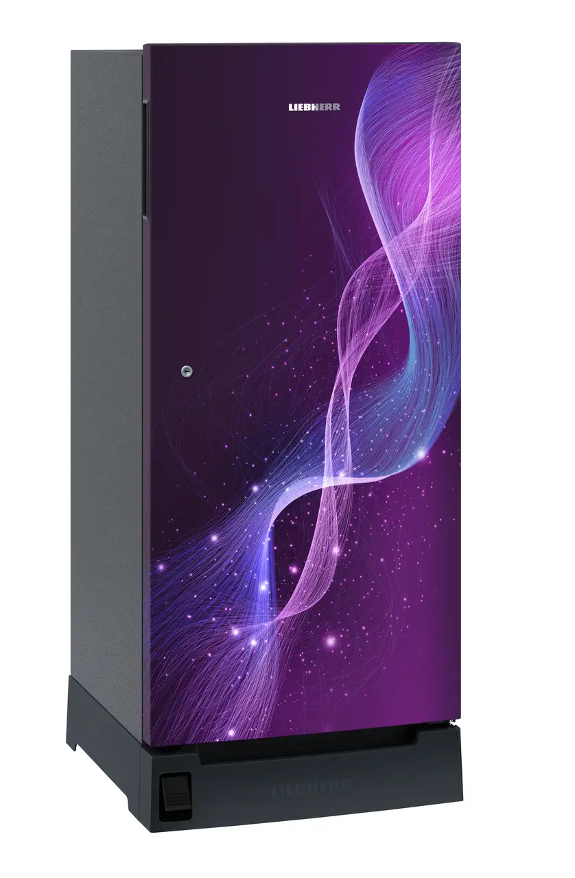 Product image, Perspective: oblique closed, Single-door refrigerator 191 l in 3 star with foot pedal base drawer, Casing colour: grey, Door colour: Purple Strings