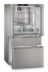 Image de produit, Perspective: Oblique ouvert vide, Réfrigérateur-congélateur FrenchDoor avec 2 tiroirs de congélation, IceMaker et InfinitySpring, Couleur de porte: acier inox