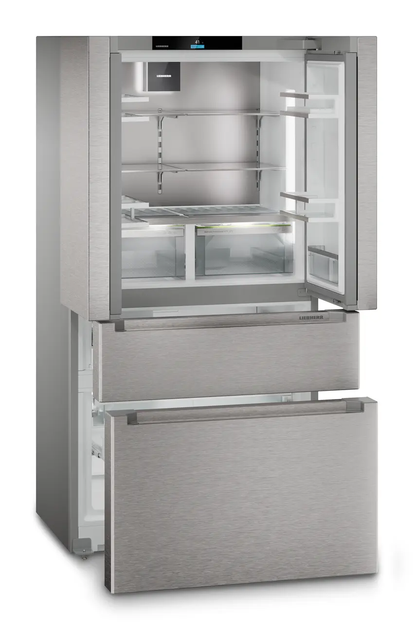 Image de produit, Perspective: Oblique ouvert vide, Réfrigérateur-congélateur FrenchDoor avec 2 tiroirs de congélation, IceMaker et InfinitySpring, Couleur de porte: acier inox
