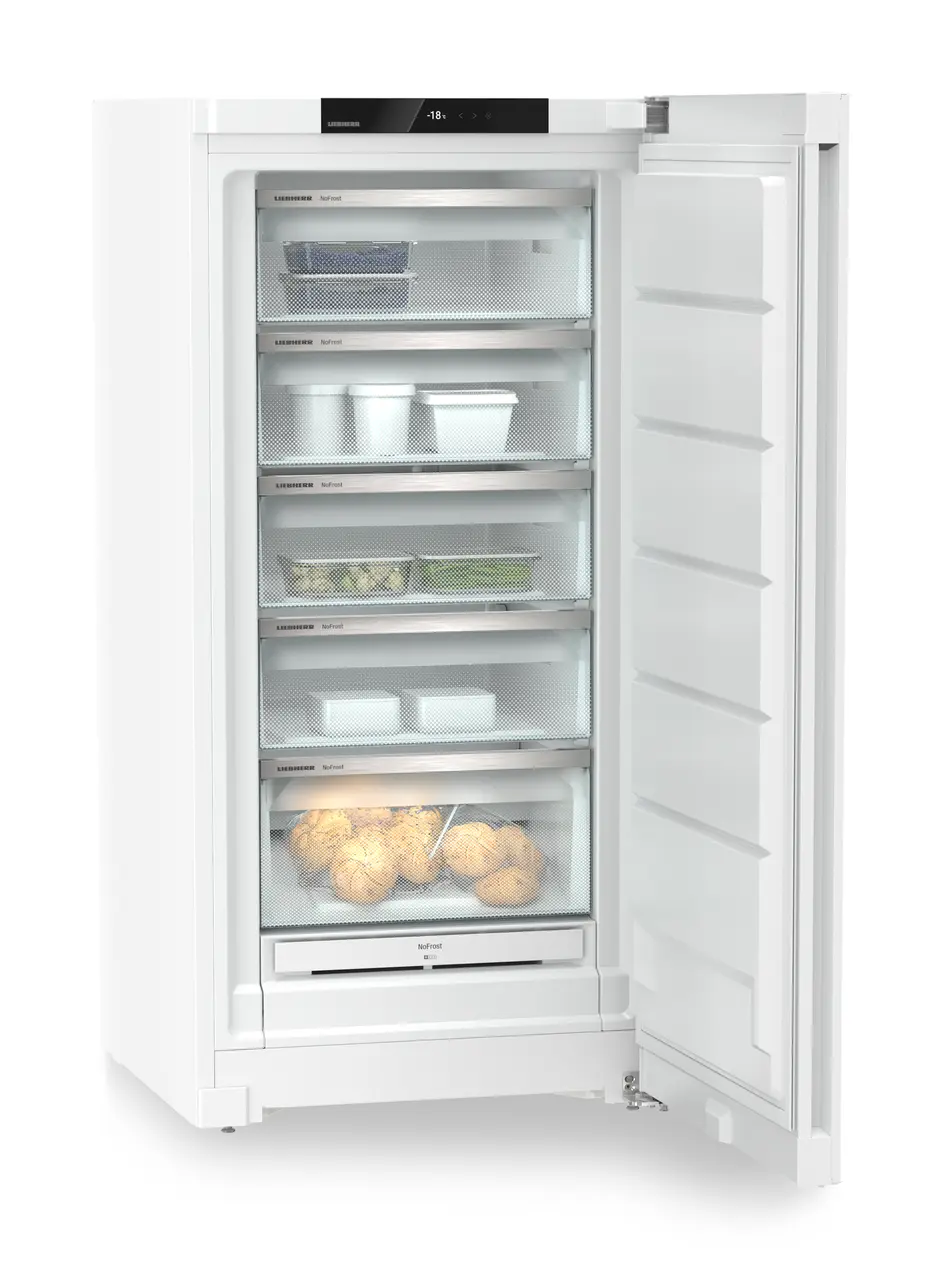 Produkt-Bild, Perspektive: schräg offen dekoriert, Standgefrierschrank mit NoFrost, Gehäusefarbe: Weiß, Türfarbe: Weiß