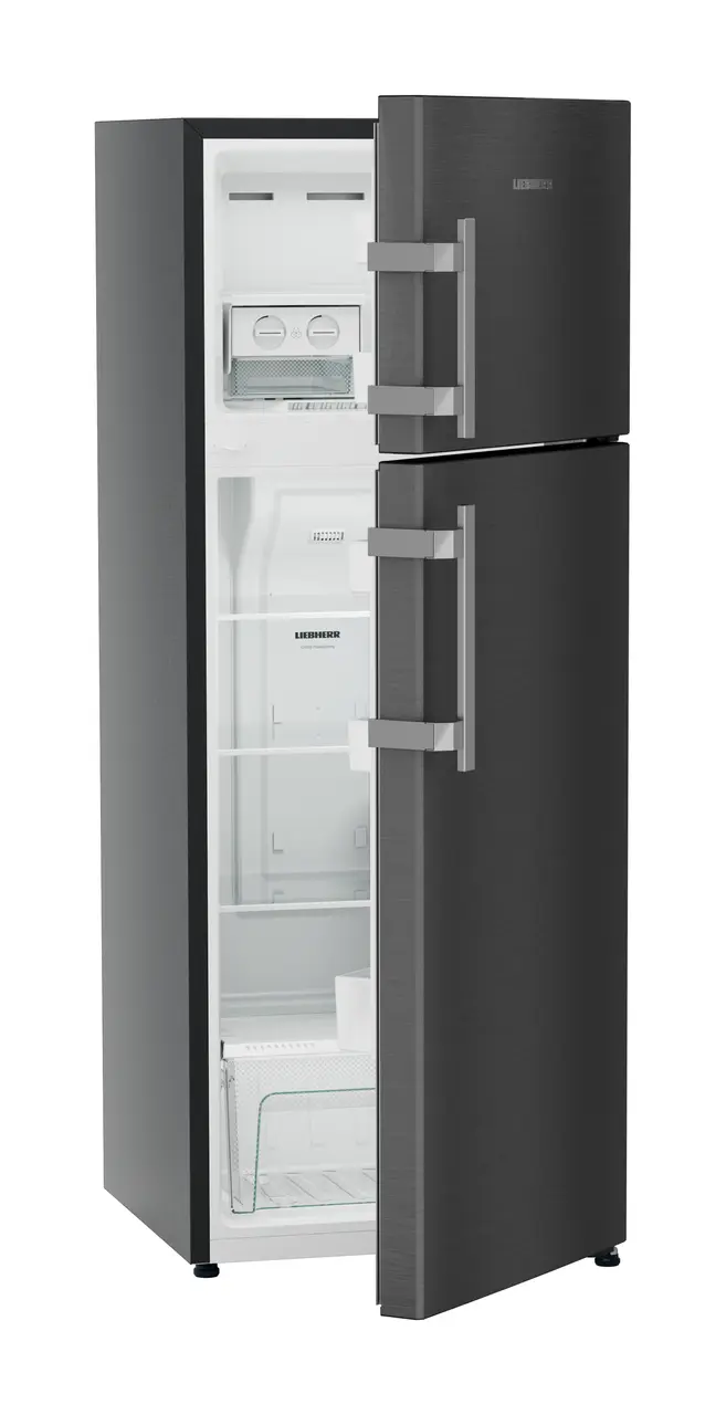 Product image, Perspective: oblique half-open empty, Fridge-freezer with NoFrost, Casing colour: grey, Door colour: BlackSteel