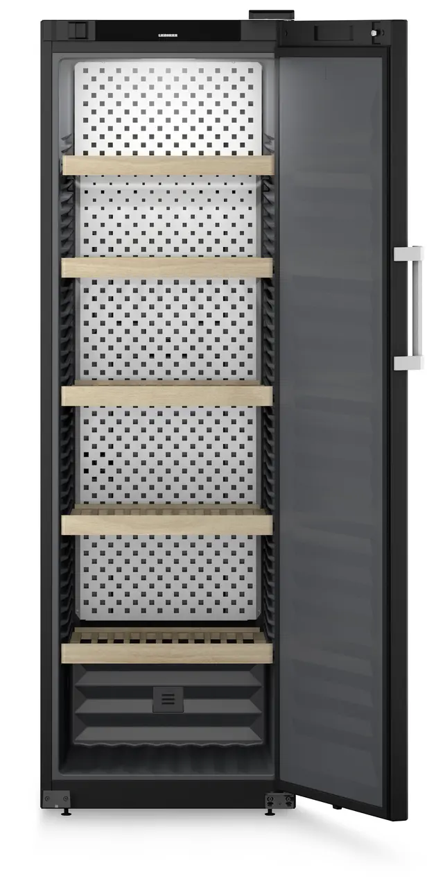 Immagine del prodotto, Prospettiva: Frontale aperto vuoto, Armadio per vini, Colore della struttura: nero, Colore della porta: nero