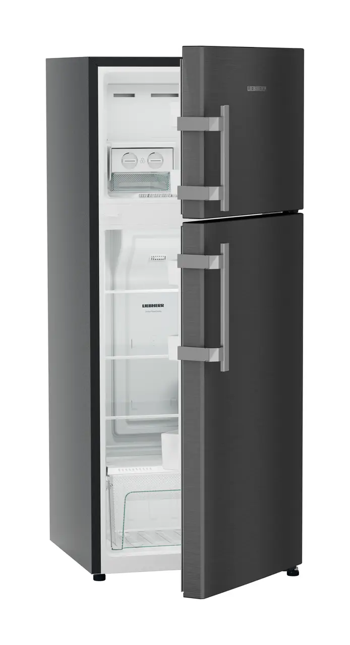 Product image, Perspective: oblique half-open empty, Fridge-freezer with NoFrost, Casing colour: grey, Door colour: BlackSteel