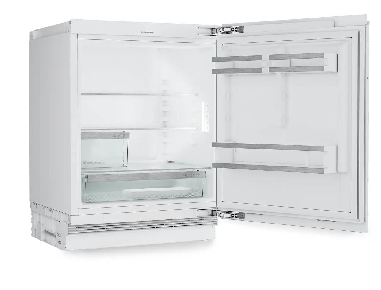 Produkt-Bild, Perspektive: schräg offen leer, Dekorfähiger Unterbaukühlschrank