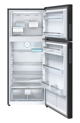 Product image, Perspective: straight open empty, Fridge-freezer with NoFrost, Casing colour: grey, Door colour: Black Gloss