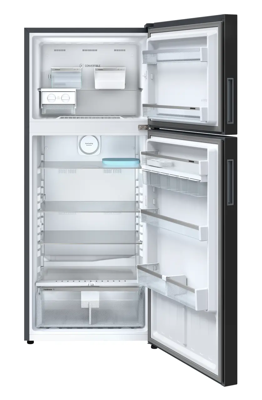 Product image, Perspective: straight open empty, Fridge-freezer with NoFrost, Casing colour: grey, Door colour: Black Gloss