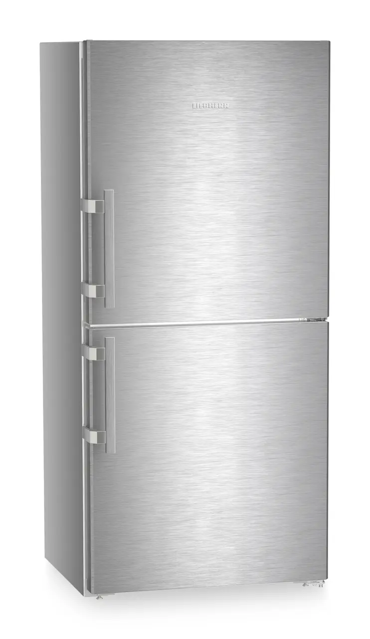 Product image, Perspective: oblique closed, Combined fridge-freezers with EasyFresh and NoFrost, Casing colour: silver, Door colour: stainless steel