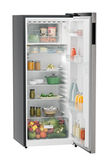 Product image, Perspective: oblique open decorated, Single-door refrigerator 222 l in 3 star with VegFresh box, Casing colour: grey, Door colour: Stainless Steel