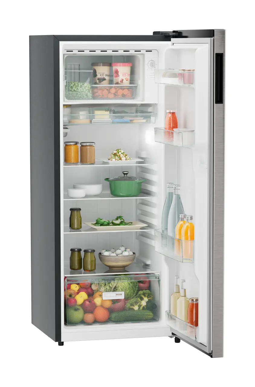 Product image, Perspective: oblique open decorated, Single-door refrigerator 222 l in 3 star with VegFresh box, Casing colour: grey, Door colour: Stainless Steel