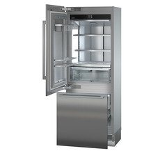 Product image, Perspective: oblique open empty, Combined refrigerator-freezer with BioFresh and NoFrost for integrated use, Casing colour: grey