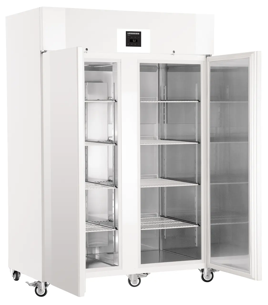 Product image, Perspective: oblique open empty, Lab refrigerator with Comfort electronic controller, Casing colour: white