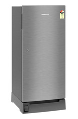 Product image, Perspective: oblique closed, Single-door refrigerator 222 l in 3 star with foot pedal base drawer, Casing colour: grey, Door colour: Silver Steel