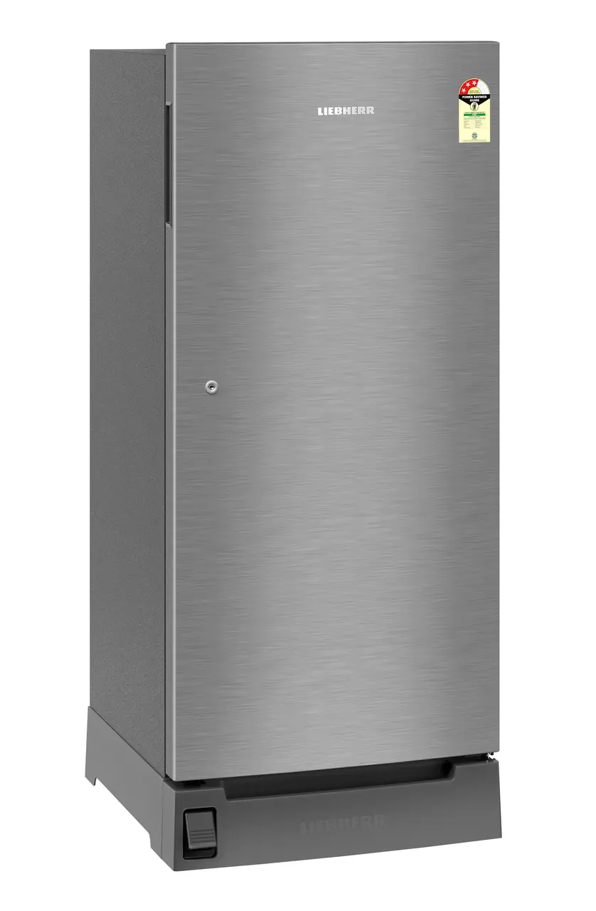 Product image, Perspective: oblique closed, Single-door refrigerator 222 l in 3 star with foot pedal base drawer, Casing colour: grey, Door colour: Silver Steel