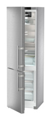 Product image, Perspective: oblique half-open empty, Combined fridge-freezers with EasyFresh and NoFrost, Casing colour: stainless steel, Door colour: stainless steel