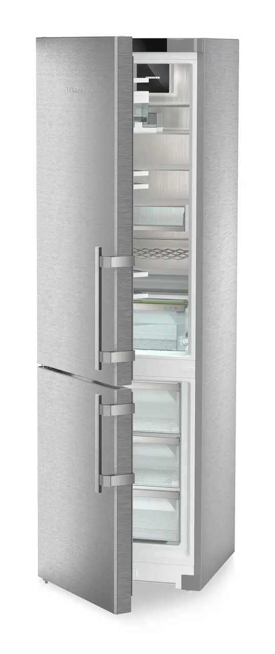 Product image, Perspective: oblique half-open empty, Combined fridge-freezers with EasyFresh and NoFrost, Casing colour: stainless steel, Door colour: stainless steel