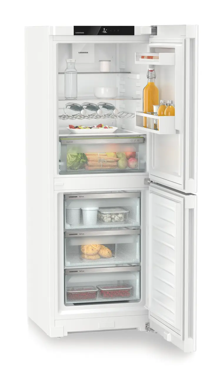 Product image, Perspective: oblique open decorated, Combined fridge-freezers with EasyFresh and NoFrost, Casing colour: white, Door colour: white