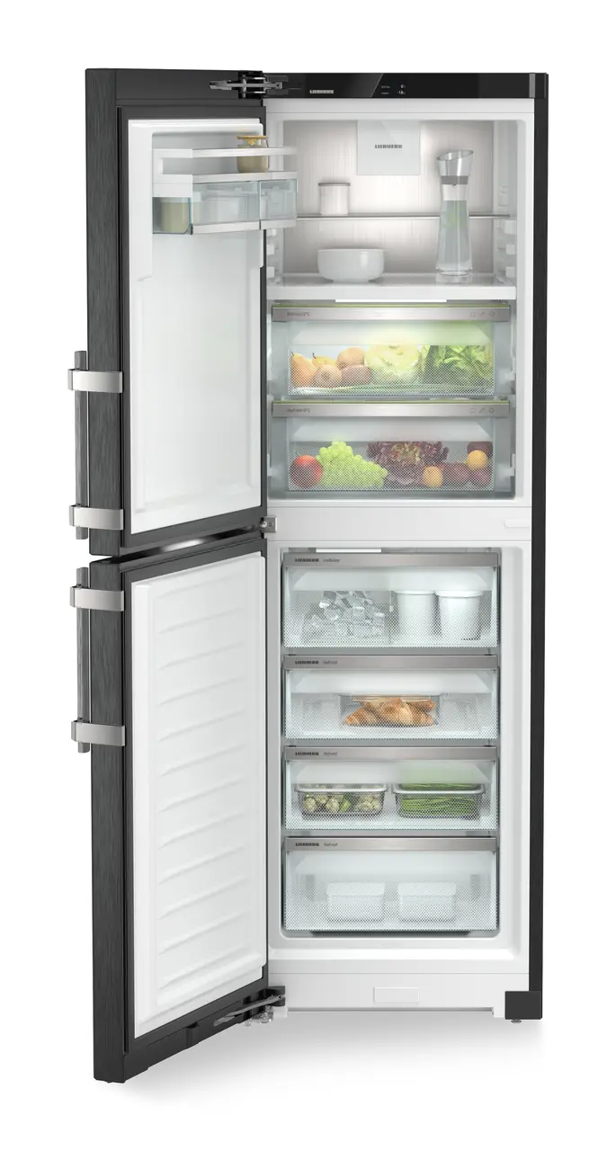 Product image, Perspective: straight open decorated, Fridge-freezer with BioFresh and NoFrost, Casing colour: BlackSteel, Door colour: BlackSteel