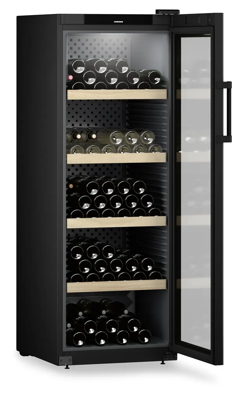 Product image, Perspective: oblique open decorated, Wine storage cabinet, Casing colour: black, Door colour: black
