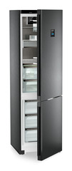 Product image, Perspective: oblique half-open empty, Fridge-freezer with BioFresh Professional and NoFrost, Casing colour: BlackSteel, Door colour: BlackSteel