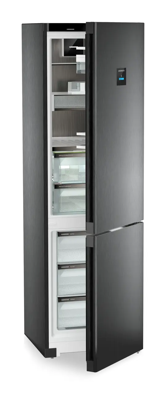 Product image, Perspective: oblique half-open empty, Fridge-freezer with BioFresh Professional and NoFrost, Casing colour: BlackSteel, Door colour: BlackSteel