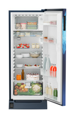 Product image, Perspective: straight open decorated, Single-door refrigerator 222 l in 5 star with foot pedal base drawer, Casing colour: blue, Door colour: Blue Mystiq