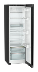 Product image, Perspective: oblique open empty, Freestanding fridge with EasyFresh, Casing colour: black, Door colour: BlackSteel