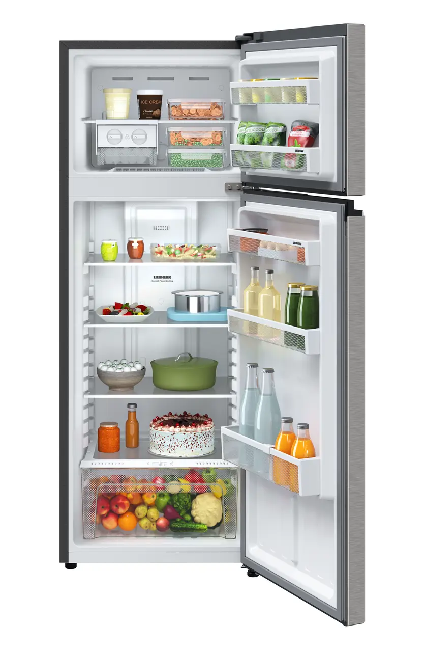 Product image, Perspective: straight open decorated, Fridge-freezer with NoFrost, Casing colour: grey, Door colour: Silver Steel