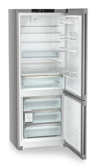 Product image, Perspective: oblique open empty, Combined fridge-freezers with EasyFresh and NoFrost, Casing colour: silver, Door colour: Steelfinish