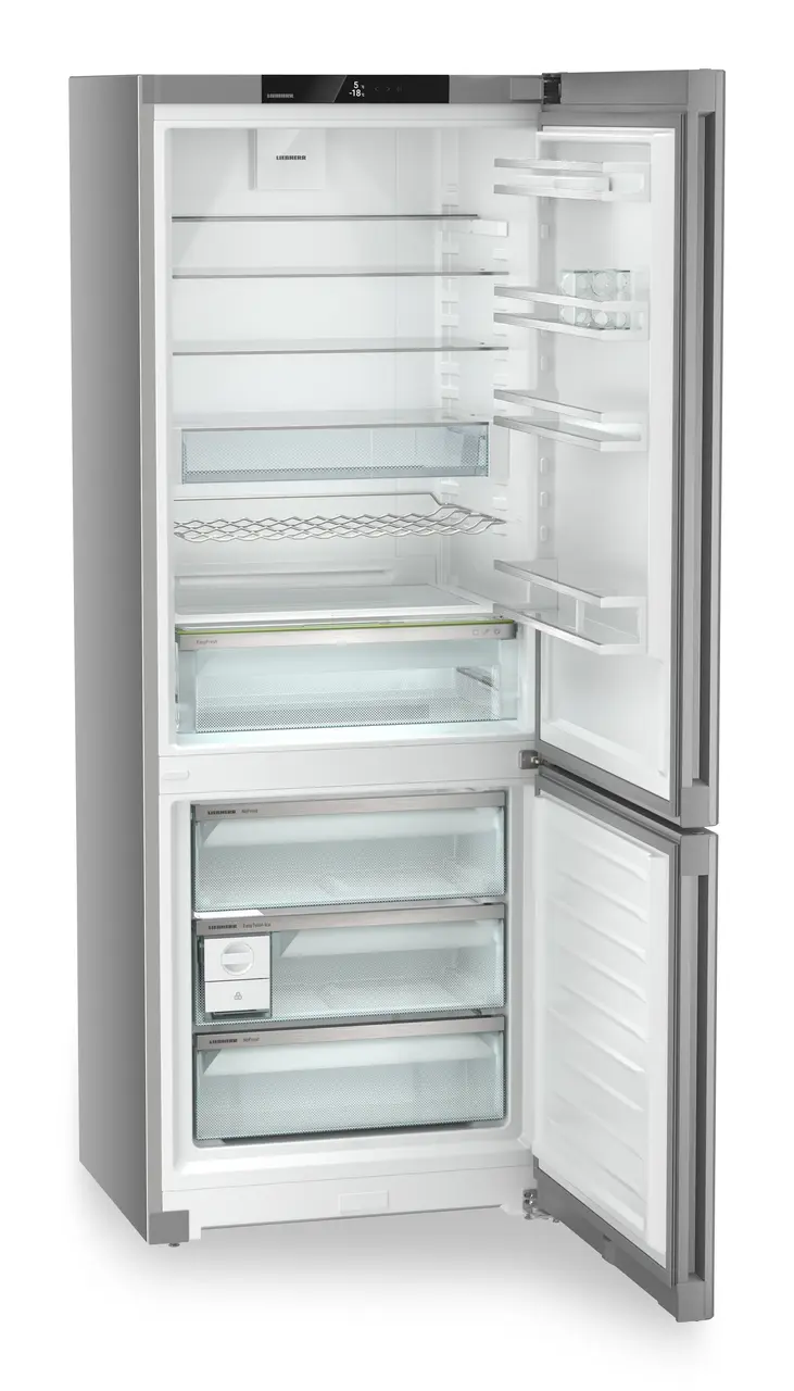 Product image, Perspective: oblique open empty, Combined fridge-freezers with EasyFresh and NoFrost, Casing colour: silver, Door colour: Steelfinish