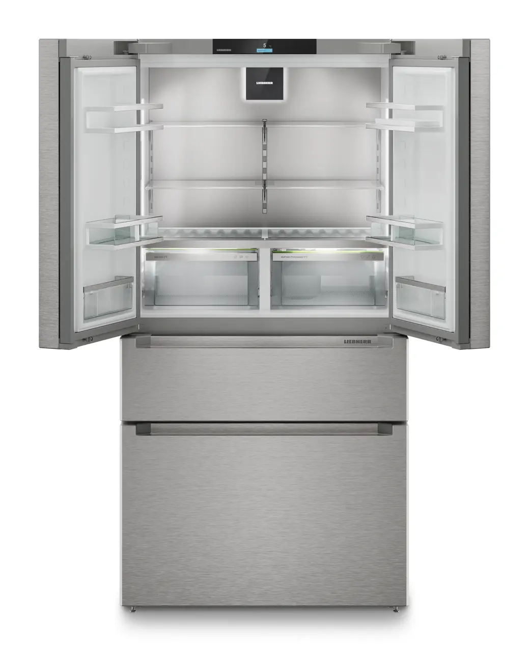 Produkt-Bild, Perspektive: gerade offen leer, French-Door-Kühl-Gefrierkombination mit 2 Gefrierschubladen und IceMaker und InfinitySpring, Gehäusefarbe: Silver, Türfarbe: Edelstahl