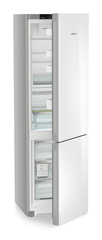 Product image, Perspective: oblique half-open empty, Combined fridge-freezers with EasyFresh and NoFrost, Casing colour: silver, Door colour: white