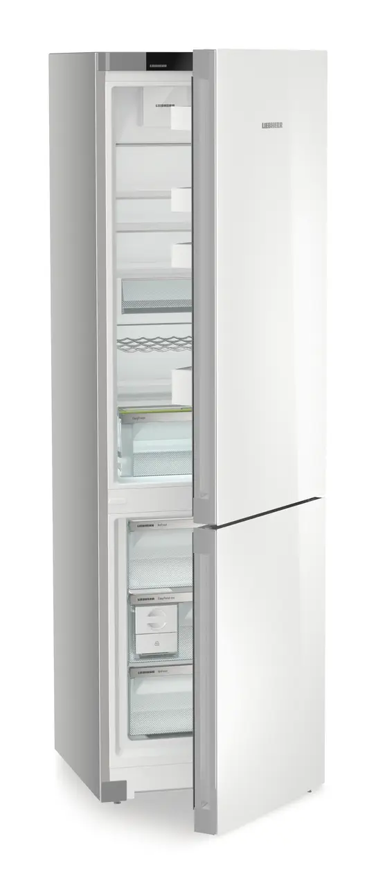 Product image, Perspective: oblique half-open empty, Combined fridge-freezers with EasyFresh and NoFrost, Casing colour: silver, Door colour: white