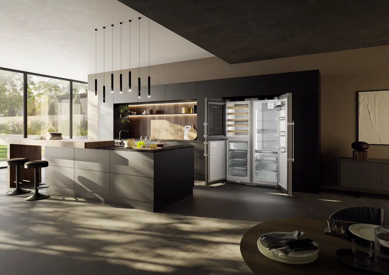 Product image, Perspective: milieu, Side-by-side combination with wine tempering compartment, Casing colour: silver, Door colour: stainless steel