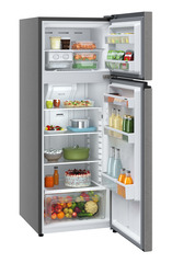 Product image, Perspective: oblique open decorated, Fridge-freezer with NoFrost, Casing colour: grey, Door colour: Silver Steel