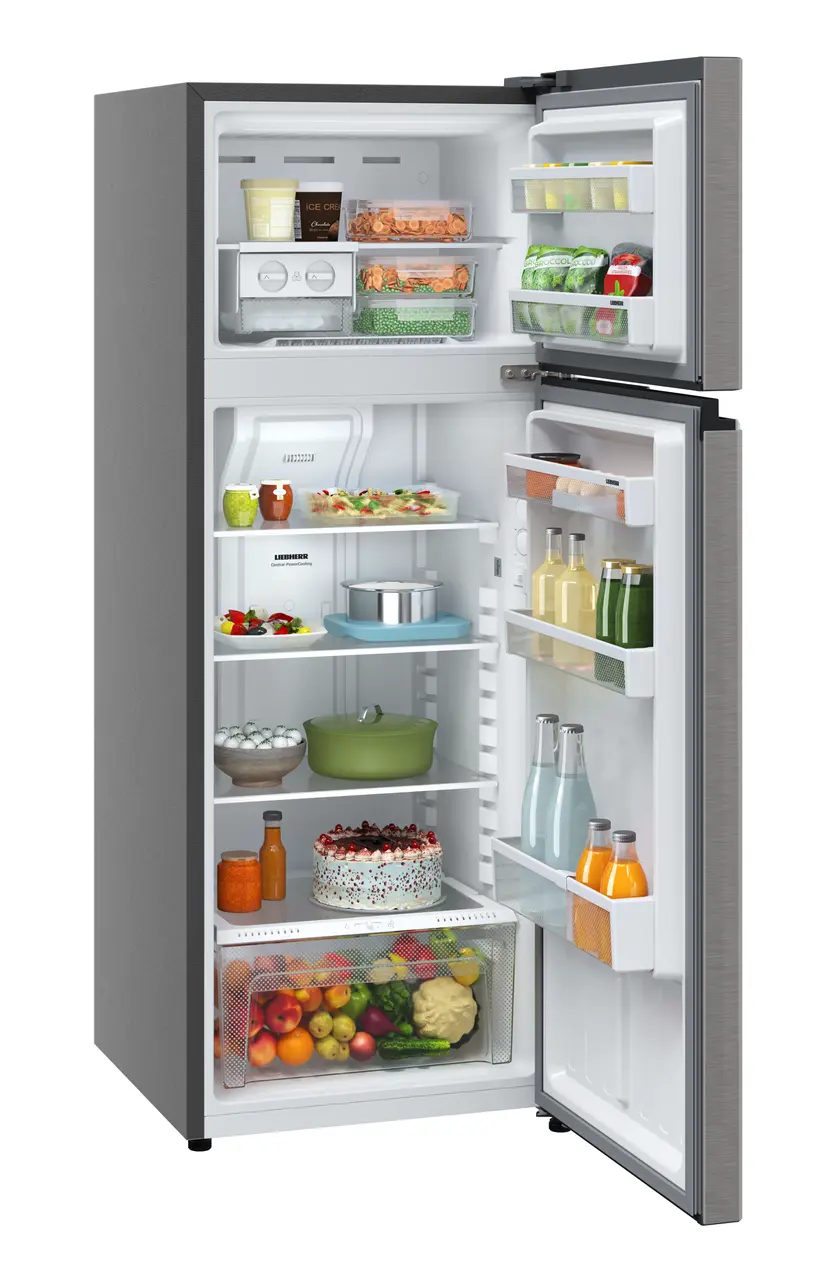 Product image, Perspective: oblique open decorated, Fridge-freezer with NoFrost, Casing colour: grey, Door colour: Silver Steel